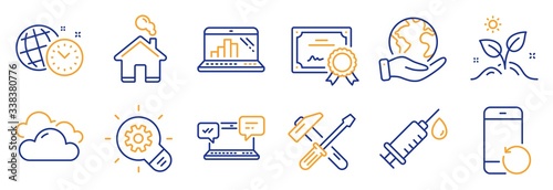 Set of Business icons, such as Recovery phone, Graph laptop. Certificate, save planet. Cloudy weather, Cogwheel, Internet chat. Grow plant, Home, Hammer tool. Vector