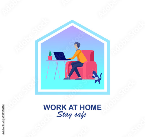 Stay at home and work concept of coronavirus prevention, awareness social media campaign. People on quarantine staying together at home office. Protection and revention