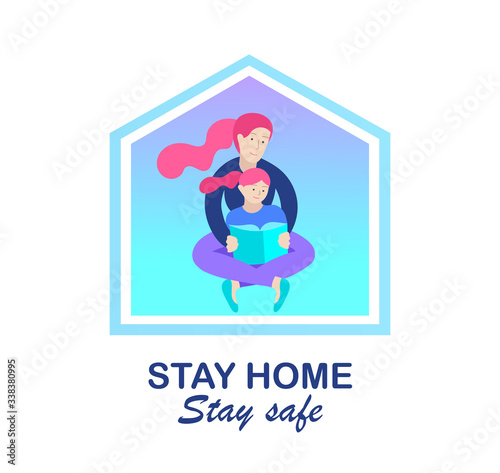 Stay at home concept of coronavirus prevention, awareness social media campaign. People and family on quarantine staying together at home. Protection and revention