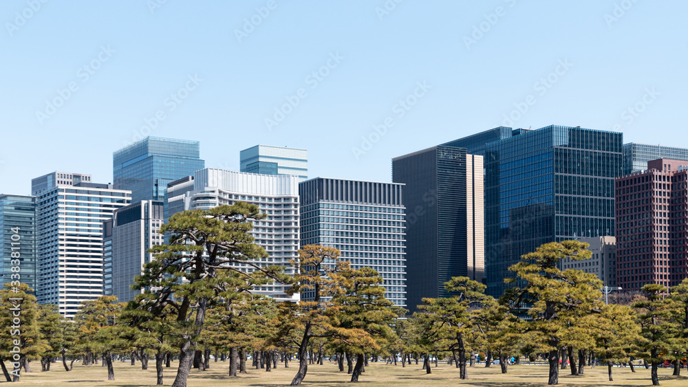Fototapeta premium The both sides of the city nature and buildings 