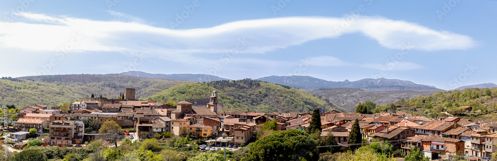 Beautiful panoramic view of San Martín del Castañar village. Sierra de Bejar. Spain. Declared Historical Site and Biosphere Reserve of the Sierras de Bejar and Francia.