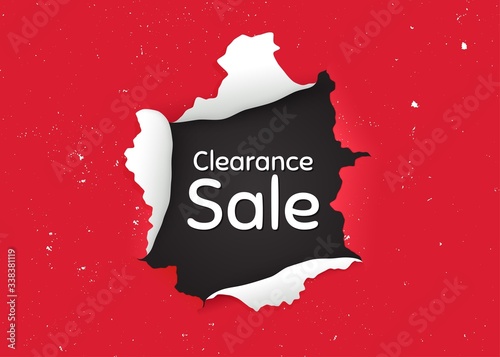 Clearance sale symbol. Ragged hole, torn paper banner. Special offer price sign. Advertising discounts symbol. Paper with ripped edges. Torn hole red background. Vector
