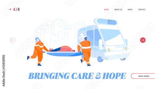 Ambulance Medical Staff Service Occupation Landing Page Template. Medics Transporting Patient to Hospital. Emergency Paramedic Doctor Characters and Health Care Car. Cartoon People Vector Illustration