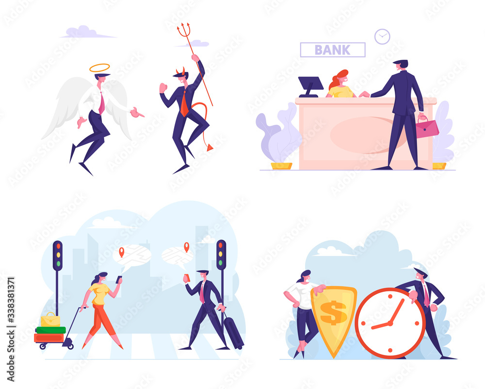 Set of Business People Visiting Bank, Crossing Crosswalk with Gps Navigator Mobile App, Angel and Demon Characters Arguing. Man and Woman with Huge Shield and Clock. Cartoon People Vector Illustration