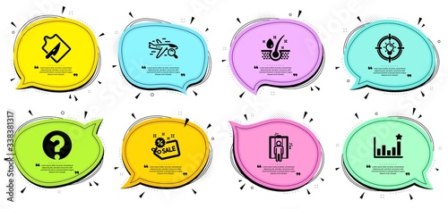 Question mark, Cutting board and Elevator signs. Chat bubbles with quotes. Serum oil, Search flight and Sale line icons set. Idea, Efficacy symbols. Healthy hairs, Find travel. Business set. Vector
