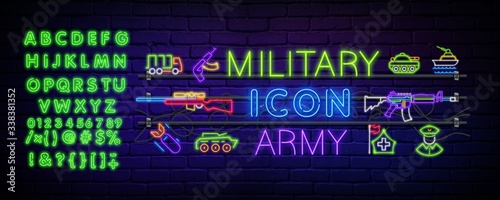 Neon icons are set on military themes, weapons for the game, transport, military rank and a military tank. Glowing neon icon for online game, cyber sports on a brick wall with text. Vector