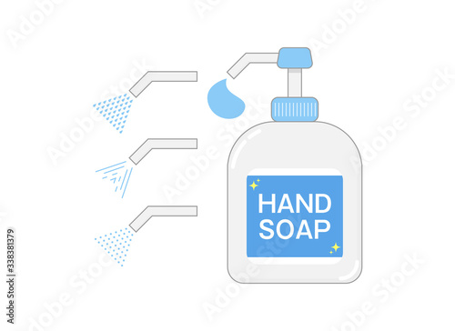 Illustration of hand soap. Hand soap bottle body. アイコン：ハンドソープ ボトル 石鹸 本体 セット