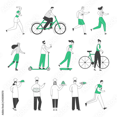 Set Male Female Characters Healthy Lifestyle Riding Bike, Scooter and Skateboard, Run Marathon. Restaurant Staff Holding Trays with Meal Isolated on White Background. Linear People Vector Illustration