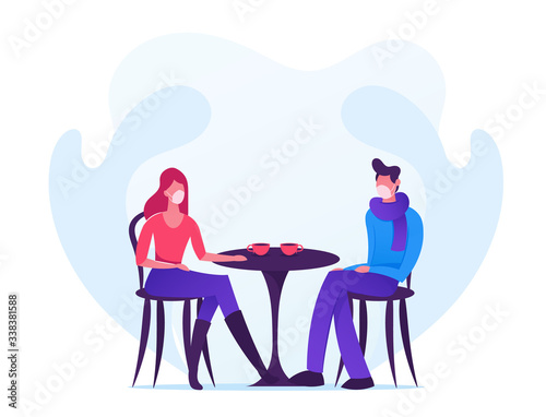 Loving Couple Characters in Medical Masks Dating during Quarantine Covid 19 Isolation. Young Man and Woman Sitting at Table in Cafe Drinking Hot Beverage, Chatting. Cartoon Vector People Illustration