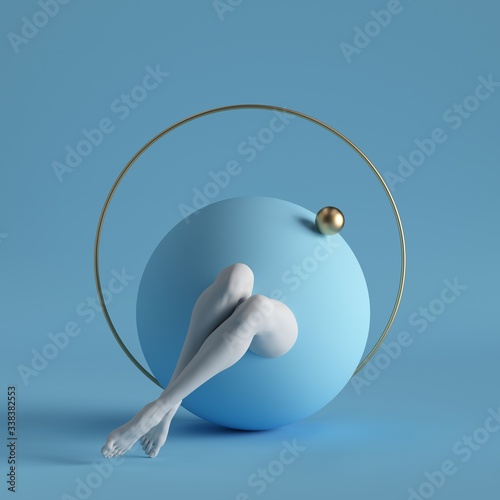 3d render, abstract surreal contemporary art. Primitive geometric shapes: golden ball, ring, white sitting legs isolated on blue background. Modern fashion design, visual illusion, funny freak show