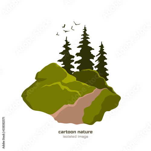 Cartoon hills and forest. Isolated image of firs on mountain. Landscape of wood road. Nature scenery