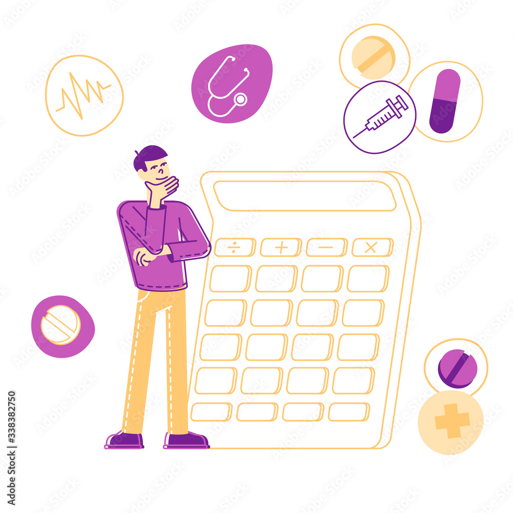 Φωτογραφία Man Stand at Huge Calculator Counting Medical Expenses, Medicine Price, Health Care and Drugs Cost