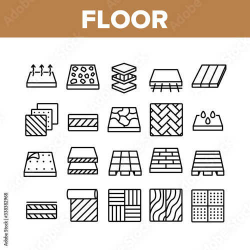 Floor And Material Collection Icons Set Vector. Parquet And Carpet, Laminate And Marble, Linoleum Roll And Waterproof Floor Concept Linear Pictograms. Monochrome Contour Illustrations