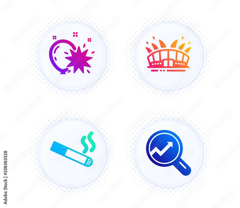 Smoking, Arena stadium and Balloon dart icons simple set. Button with halftone dots. Analytics sign. Cigarette, Sport complex, Attraction park. Audit analysis. Business set. Vector Smoking, Arena stadium and Balloon dart icons simple set. Button with halftone dots. Analytics sign. Cigarette, Sport complex, Attraction park. Audit analysis. Business set. Vector