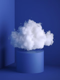 3d render, white fluffy cloud above the cylinder pedestal, round podium, minimal room interior. Objects isolated on blue background, modern design, abstract metaphor. Color of the year 2020