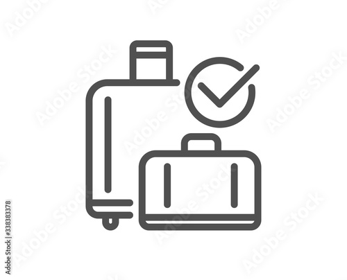 Airport baggage reclaim line icon. Airplane check in luggage sign. Flight checked bag symbol. Quality design element. Editable stroke. Linear style baggage reclaim icon. Vector