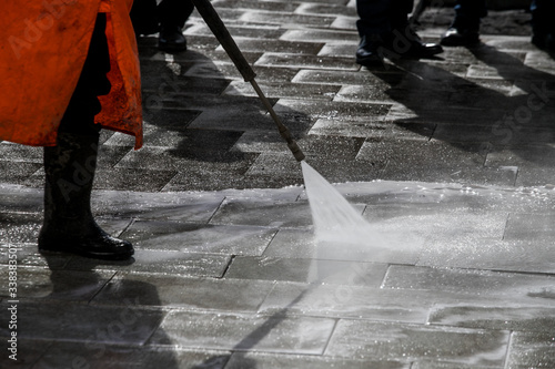 Street disinfection, preventive quarantine measures.Empty streets. Road washing.Epidemic