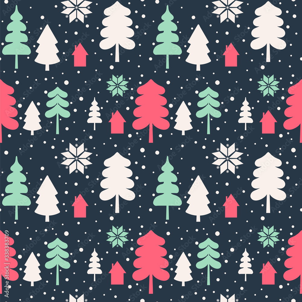 House in the forest. Seamless vector pattern on the dark background.