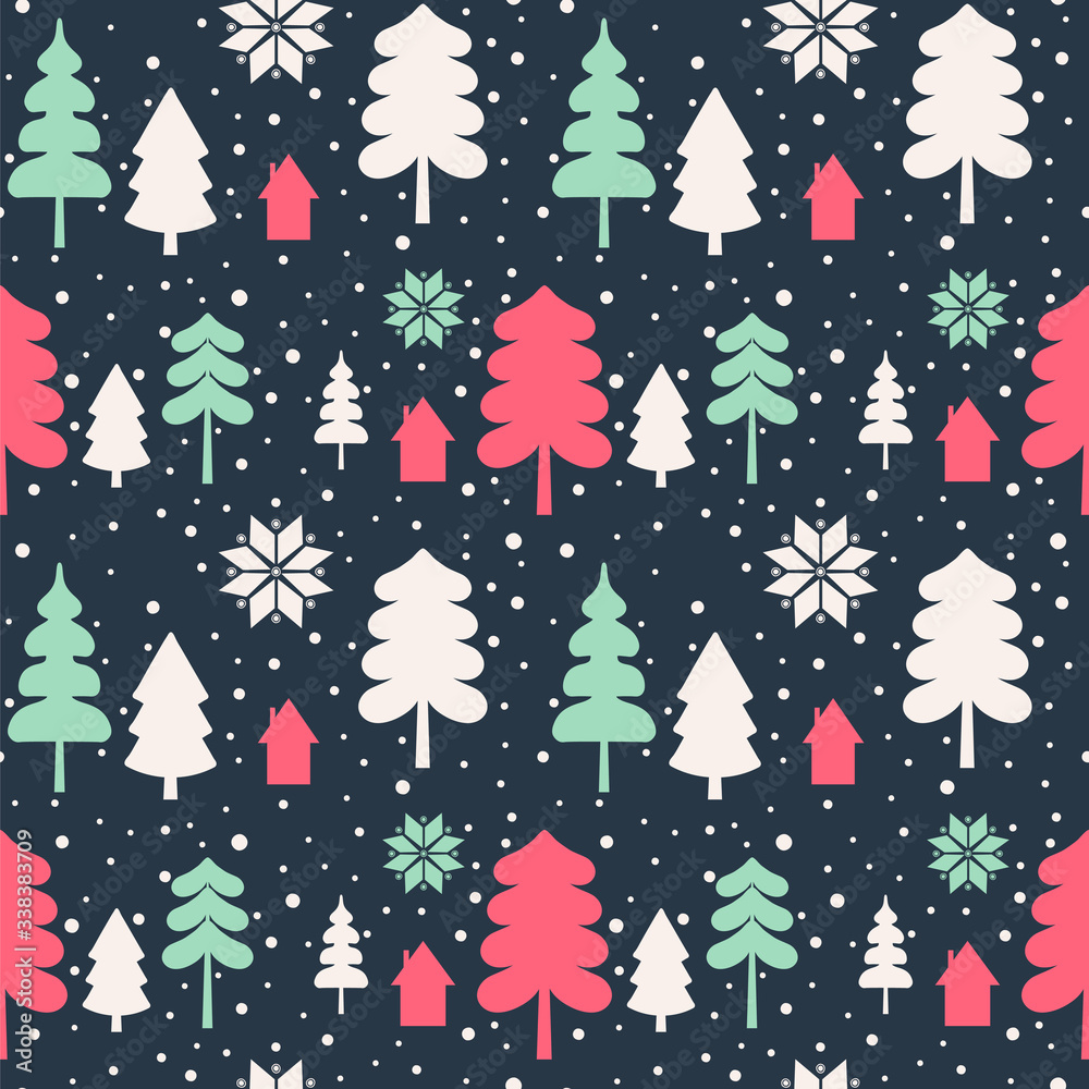 House in the forest. Seamless vector pattern on the dark background. House in the forest. Seamless vector pattern on the dark background.