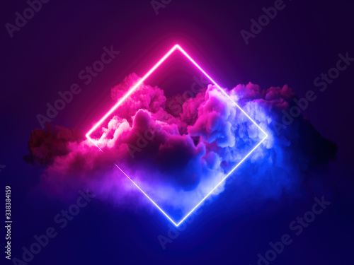 3d render, abstract minimal background, pink blue neon light square frame with copy space, illuminated stormy clouds, glowing geometric shape. photo