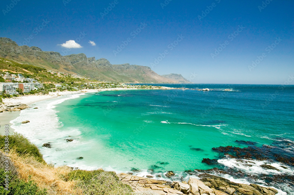 View of Atlantic Ocean and Hout Bay, Southern Cape Peninsula, outside of Cape Town, South Africa