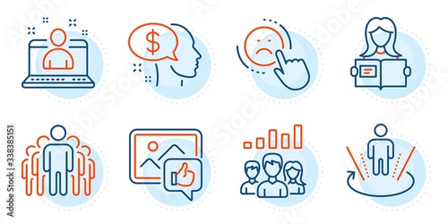 Woman read, Dislike and Augmented reality signs. Best manager, Like photo and Pay line icons set. Group, Teamwork results symbols. Best developer, Thumbs up. People set. Outline icons set. Vector
