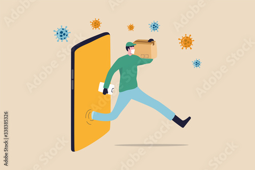 Shopping online and fast shipping while self quarantine in social distancing Coronavirus COVID-19 outbreak concept, agile delivery man run from smart phone shopping website ship package to customer