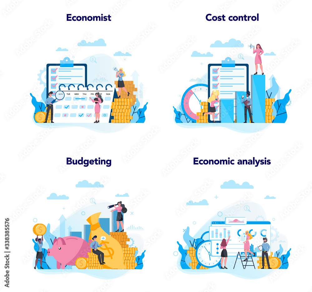 Economics and finance concept set. Business people work with money.