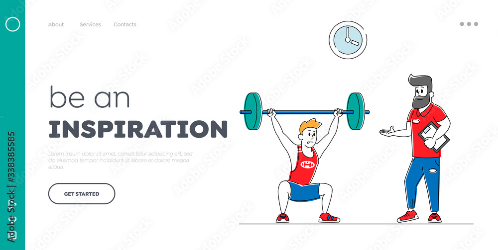 Bodybuilding Exercises, Sport Activity, Healthy Lifestyle Landing Page Template. Sportsman Powerlifter Training in Gym with Coach. Male Character Workout with Weight. Linear People Vector Illustration