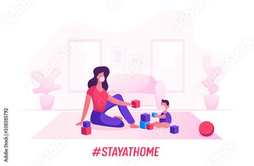 Happy Family Mom and Kid in Medical Masks Having Leisure Time Stay at Home. Mother and Little Son Characters Playing Toys at Covid 19 Quarantine Self Isolation. Cartoon Vector People Illustration