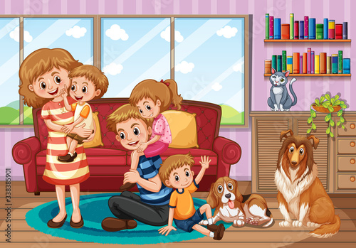 Scene with people staying at home with family