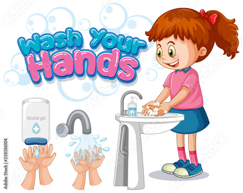 Wash your hands poster design with girl washing hands