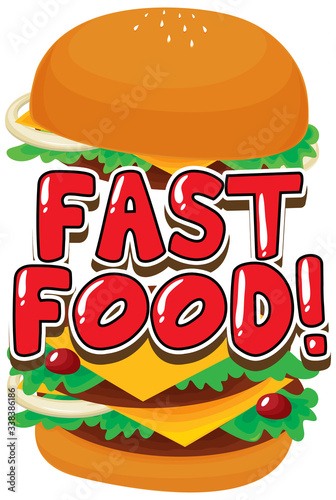 Font design for word fast food with hamburger on white background