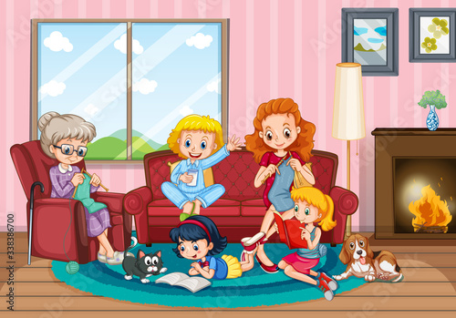 Scene with people staying at home with family