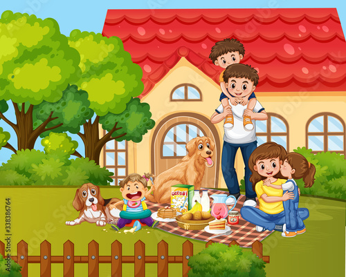 Scene with people staying at home with family
