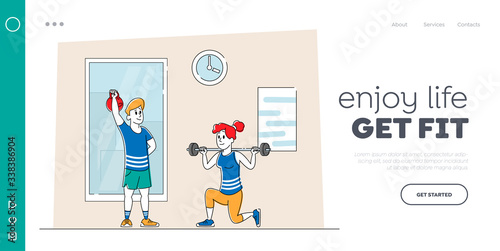 Exercise, Sports Activity Landing Page Template. Characters Training in Gym. Woman Squatting with Weight, Man Lifting Barbell. People Workout, Prepare for Competition. Linear Vector Illustration