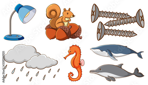 Large set of different animals and other objects on white background
