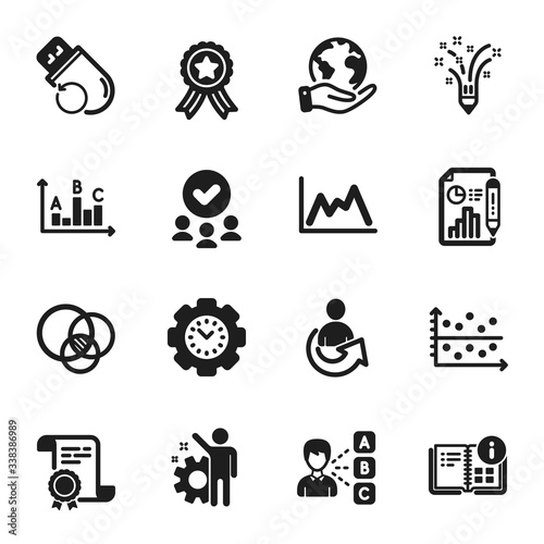 Set of Education icons, such as Opinion, Dot plot. Certificate, approved group, save planet. Euler diagram, Diagram, Flash memory. Survey results, Share, Employee. Vector