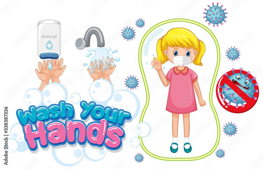 Wash your hands poster design with girl wearing mask Wash your hands poster design with girl wearing mask