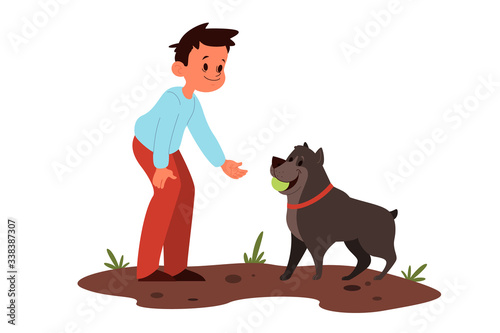 Little boy play with hisr dog. Happy kid and pet spend time together