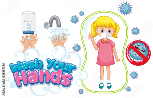 Wash your hands poster design with girl wearing mask