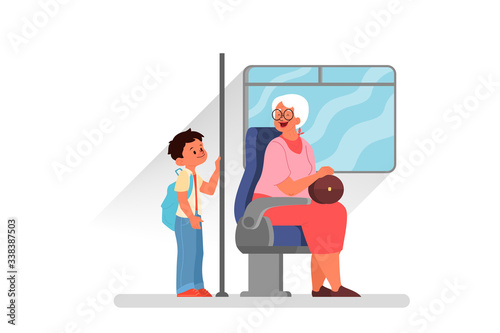 Good manners concept. Boy giving way to an elderly person.