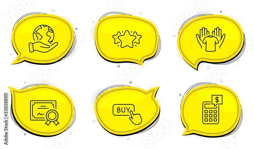 Calculator sign. Diploma certificate, save planet chat bubbles. Buy button, Hold t-shirt and Star line icons set. Online shopping, Laundry shirt, Favorite. Money management. Business set. Vector