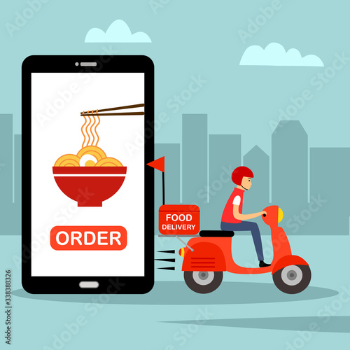 Online food order and food delivery service concept vector illustration. Asian food or noodle online ordering. Uber eat, grab food in flat design for landing page, web, mobile app, poster, flyer.