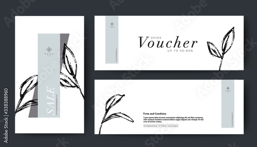 Gift Voucher with clean minimal style. Line drawing Leaf white background. For Resort, Spa, Organic texture, Cosmetic, Package. Vector Illustration