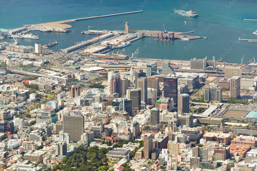 Aerial view from Table Mountain overlooking downtown Cape Town waterfront and Harbor, South Africa