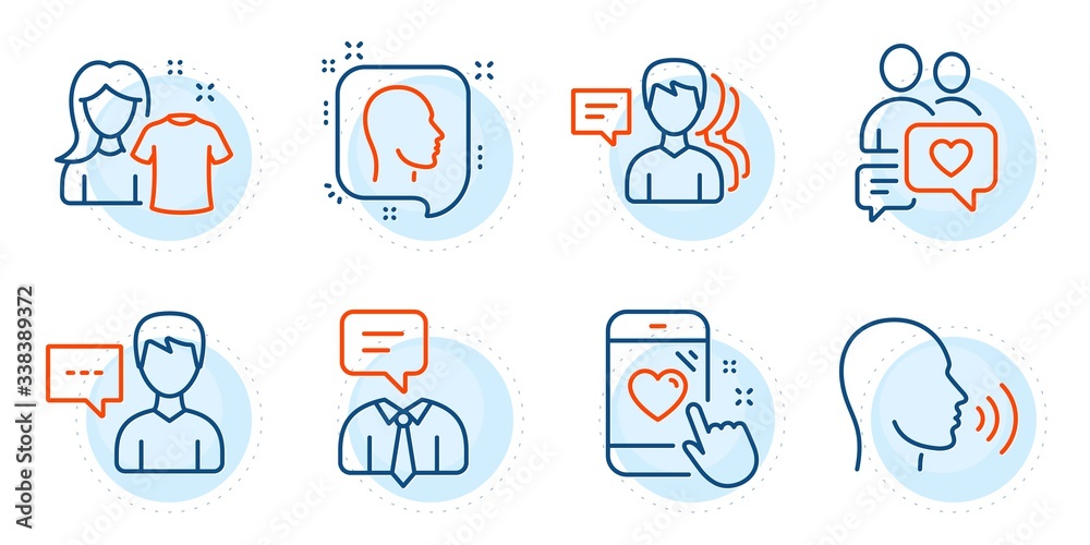 Dating chat, People and Support service signs. Heart rating, Human sing and Clean shirt line icons set. Person talk, Head symbols. Phone feedback, Talk. People set. Outline icons set. Vector Dating chat, People and Support service signs. Heart rating, Human sing and Clean shirt line icons set. Person talk, Head symbols. Phone feedback, Talk. People set. Outline icons set. Vector