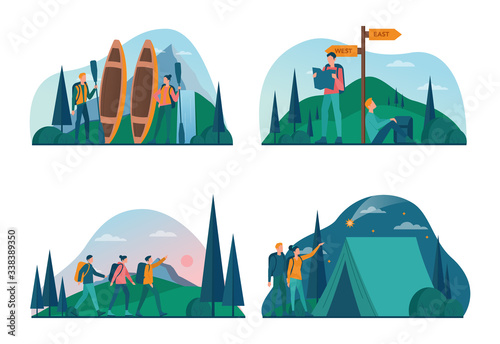 Eco tourism and eco traveling concept set. Eco friendly tourism in wild