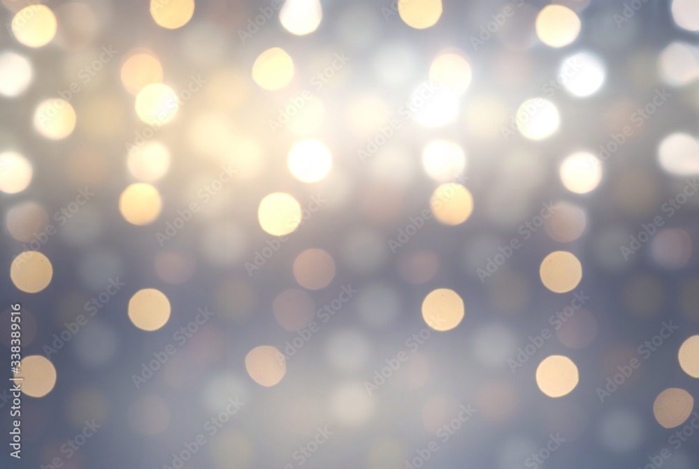 Shimmer comfetti holiday illustration grey colors. Golden lights on silver blur background.  - obrazy, fototapety, plakaty 