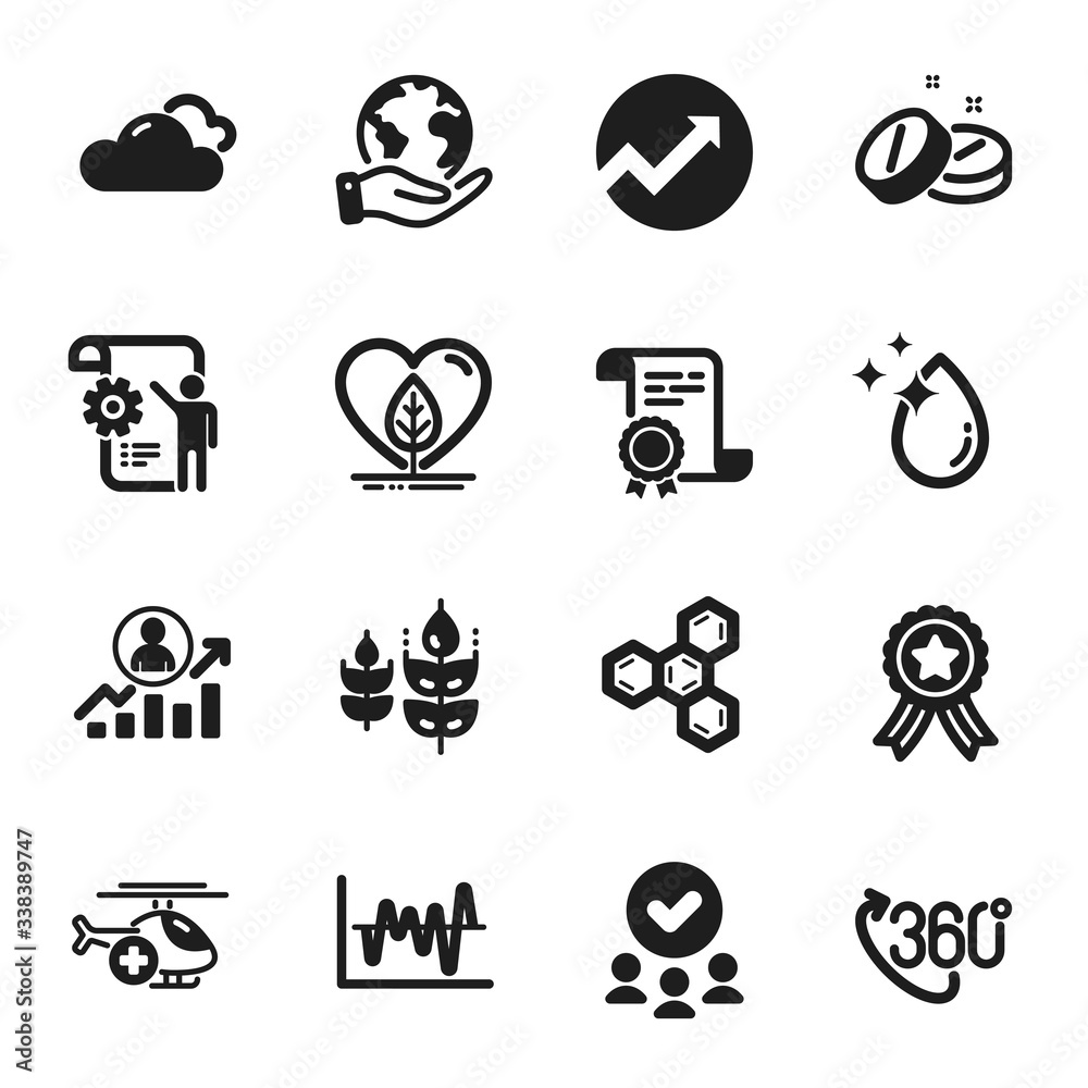 Set of Science icons, such as Career ladder, Chemical formula. Certificate, approved group, save planet. Audit, Settings blueprint, Gluten free. Medical tablet, Cloudy weather, Local grown. Vector